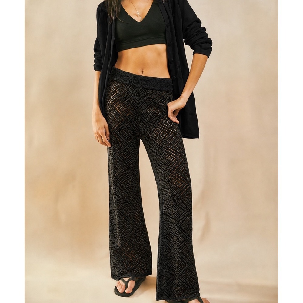 Free People Beach Get Away Fauxchet Crochet Pants Women Small Black Boho Coverup